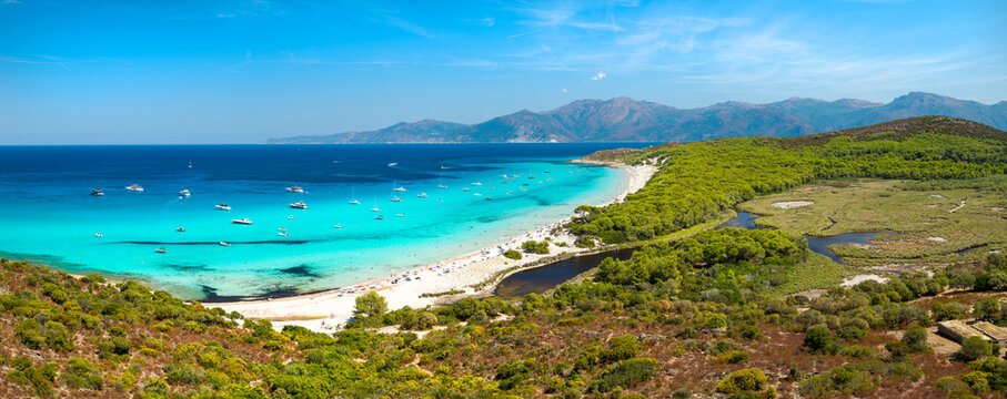 Saleccia Beach Corsica France aerial drone panorama Agriates desert nature reserve. Tropical sea white sand and pine forest yachts river mountains landscape high resolution world print