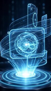 Holographic brain projecting digital data on a futuristic user interface for ai and neural network research and innovation