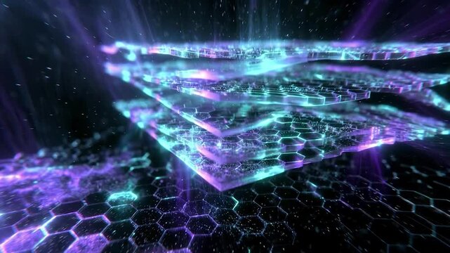 Graphene sheets forming a layered atomic structure with glowing hexagonal lattice for nanotechnology and science research