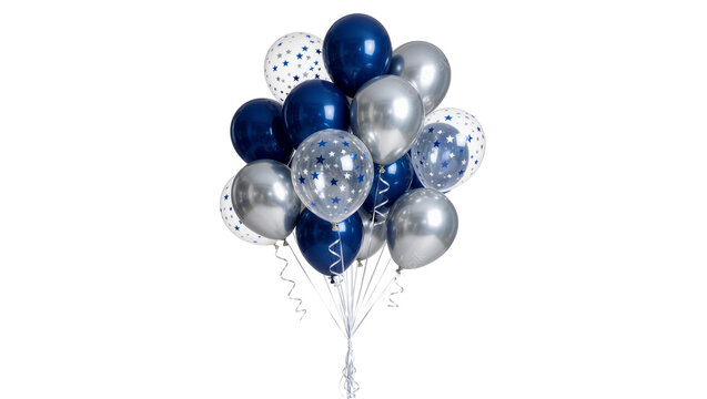 Navy blue and silver balloons with star patterns, isolated on transparent background