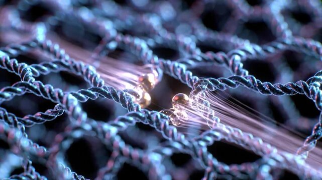 Intricate microscopic network of glowing fibers and atoms pulsating with energy. Scientific concept of nanotechnology and molecular engineering