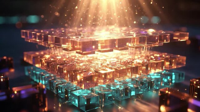 Quantum computer cpu processing data in a digital blockchain network with glowing light and particles
