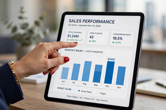 Hand Pointing at Sales Performance Chart on Tablet, A businesswoman's hand with red nail polish pointing at a tablet screen displaying sales performance bar charts and analytics