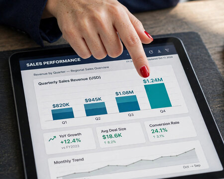 Hand Pointing at Sales Performance Chart on Tablet, A businesswoman's hand with red nail polish pointing at a tablet screen displaying sales performance bar charts and analytics