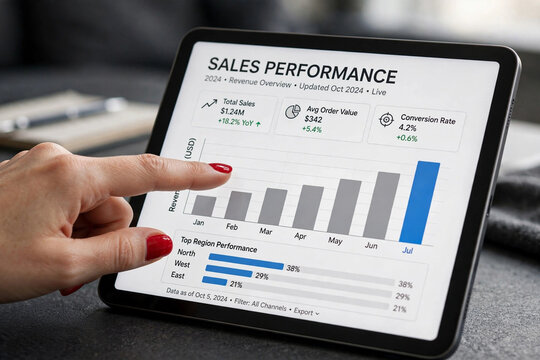 Hand Pointing at Sales Performance Chart on Tablet, A businesswoman's hand with red nail polish pointing at a tablet screen displaying sales performance bar charts and analytics