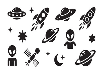 Space travel elements set featuring rocket ships planets ufos satellites and stars for creative design projects. © Ripon