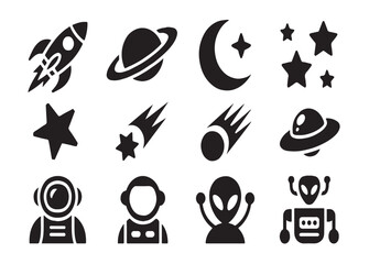 Fototapeta premium Set of space themed icons including rockets astronauts and stars with black silhouettes for science projects.