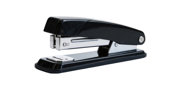 Shiny black office stapler with chrome accents, isolated on transparent background