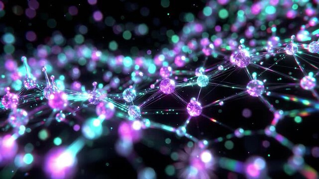Luminous molecular structure with plexus connections and glowing atoms on a dark background