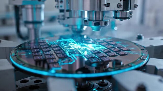 Advanced robotic arm manufacturing silicon wafer microchips with glowing blue futuristic digital circuit board visualization