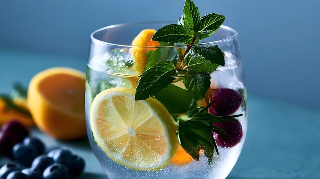 Refreshing glass of citrus infused water with mint  lemon  and berries on a cool blue surface