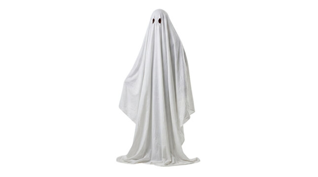A scary ghost wearing a white bed sheet for a fun halloween costume isolated on transparent background
