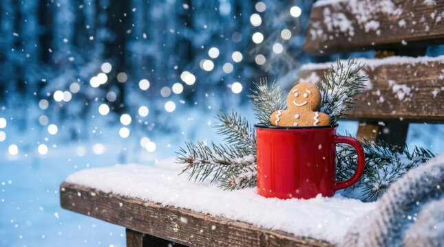Gingerbread Man in Red Mug in Snowy Forest