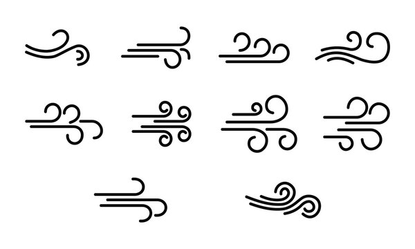 Wind gust icons set with simple black line art style for weather forecasting symbols or air motion graphic elements isolated on white background for design.