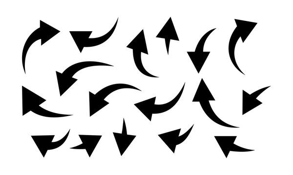 Set of black hand drawn style curved arrow icons pointing in multiple directions for creative layout designs educational materials and sketchy interface elements.
