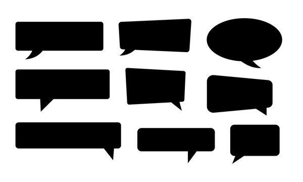 Black speech bubble silhouettes in diverse rectangular and oval shapes for comic book dialogue text boxes social media comments and digital communication design.