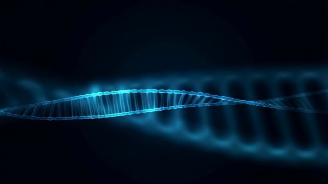 Glowing DNA double helix rotating in abstract dark space. Biotechnology presentations, medical education, and genetic research communication.