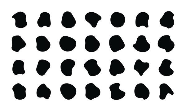 Black silhouette fluid blob elements collection represents irregular abstract shapes for minimalist poster designs contemporary arts and background decorations.