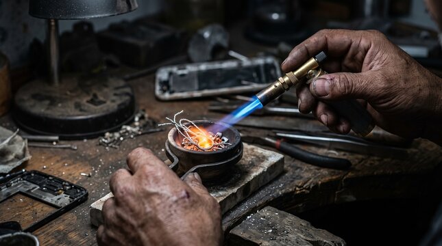 Jeweler uses a torch to melt metal for crafting jewelry