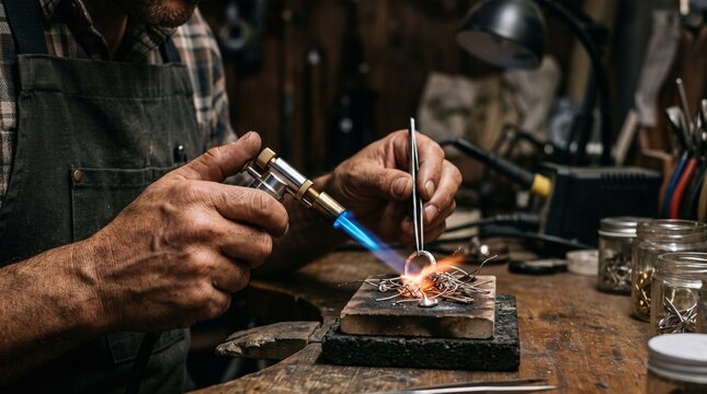 Jeweler uses a torch to solder a ring in a workshop