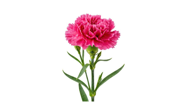 Beautiful single pink carnation flower with green stem and leaves isolated on transparent background