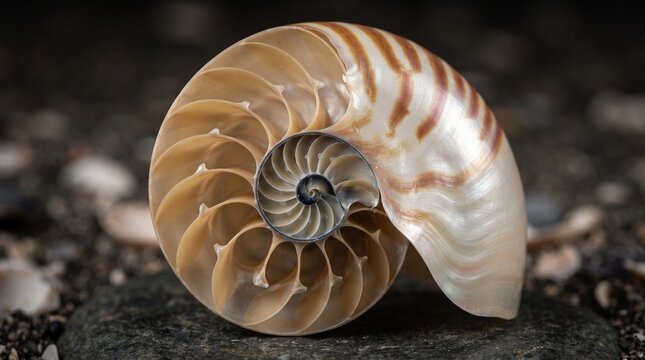Nautilus shell showing golden ratio spiral pattern on dark stone background