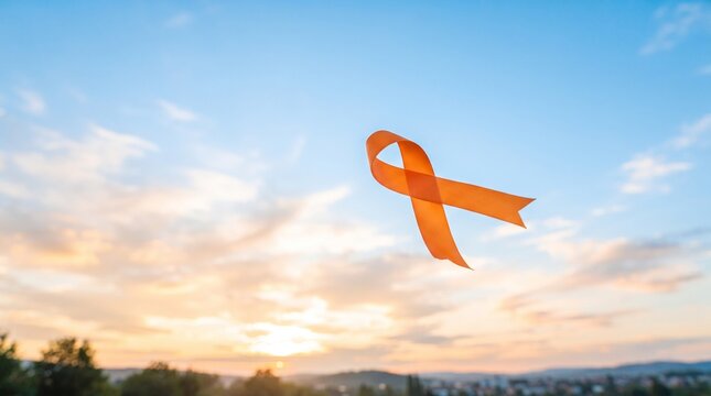 Orange awareness ribbon floating against a bright morning sky for health advocacy.