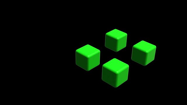 Dynamic animation of green cubes interacting on black background for blockchain data, network connectivity. 4K animation