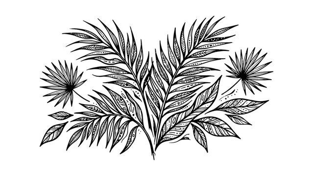 hand drawn tropical palm leaves arrangement featuring botanical sketch elements for natural project designs and creative tropical themed digital compositions with decorative foliage patterns