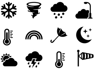 Obraz premium Meteorological solid black vector icon collection for seasonal weather updates climate monitoring and environmental forecasting.