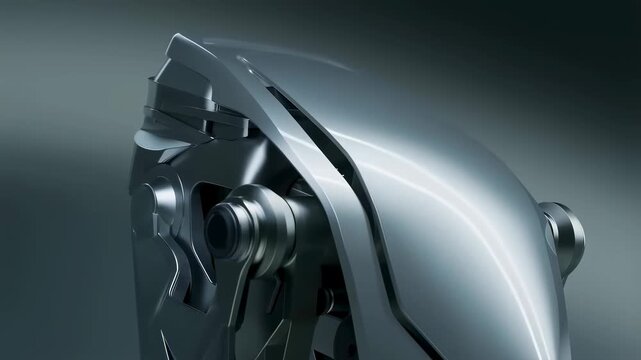 Futuristic robotic mechanism rotates in a dark studio-rendered environment. Robotics presentations, industrial automation advertising, and engineering education.