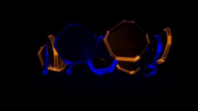 Glowing polygonal rings drift and rotate through a black abstract digital space. Technology presentations, science media, and digital event screens.