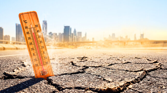 Extreme urban heat: a thermometer showing a high temperature against a backdrop of cracked asphalt. A concept illustrating severe global warming, climate change, and harsh weather conditions