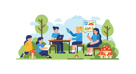 Fototapeta premium Women working and studying together in an outdoor park setting, flat vector illustration of remote collaboration in nature.