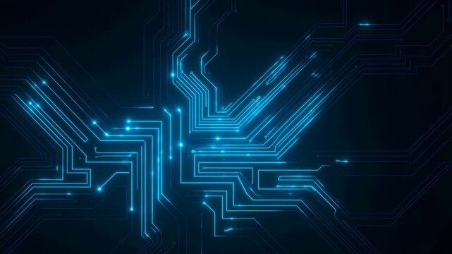 Glowing cyan circuit traces carry light pulses across a dark digital network background. Technology presentations, software promotional media, and cybersecurity explainers.