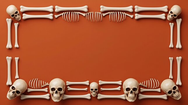 Halloween skull and skeleton bone frame layout on rustic orange background for scary decor.