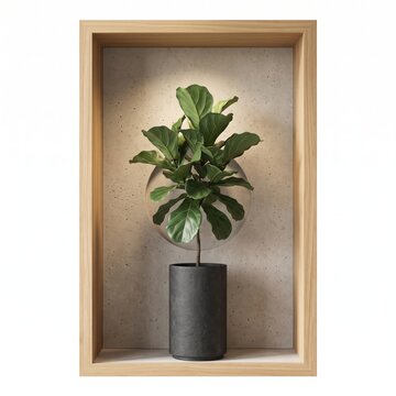 Fiddle leaf fig plant in a dark pot inside a wooden frame isolated on white background
