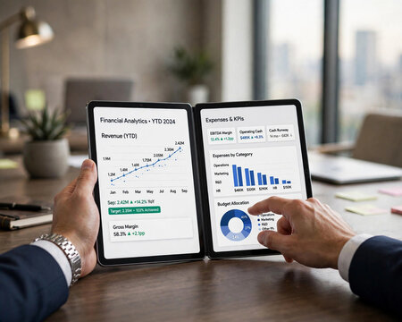 Business Analytics on Foldable Tablet Device, Financial Data Analysis on Dual-Screen Tablet, Business Person Analyzing Financial Data on Dual-Screen Tablet