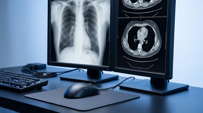Medical PACS workstation with dual monitors displaying chest X-ray and CT scan images.