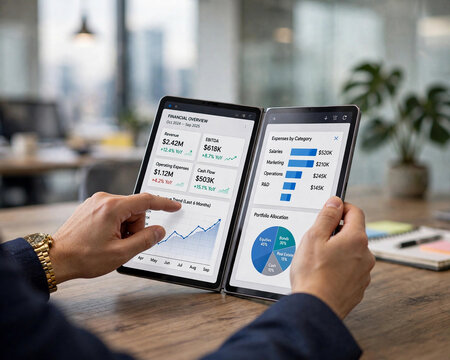 Business Analytics on Foldable Tablet Device, Financial Data Analysis on Dual-Screen Tablet, Business Person Analyzing Financial Data on Dual-Screen Tablet