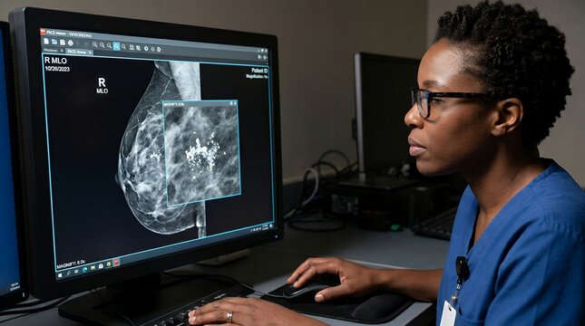 Radiologist examining mammogram scan on computer screen for breast cancer screening analysis.