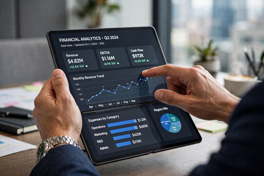 Business Analytics on Foldable Tablet Device, Financial Data Analysis on Dual-Screen Tablet, Business Person Analyzing Financial Data on Dual-Screen Tablet