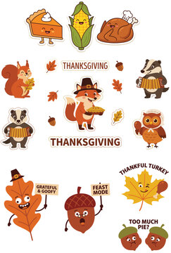 Cute Thanksgiving sticker set featuring kawaii autumn animals, festive food, autumn leaves, acorns, and fun typography for seasonal decorations and crafting projects.