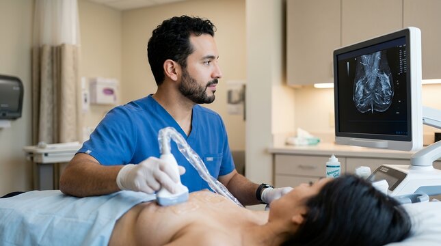 Male sonographer performing a breast ultrasound examination on a female patient in clinic.
