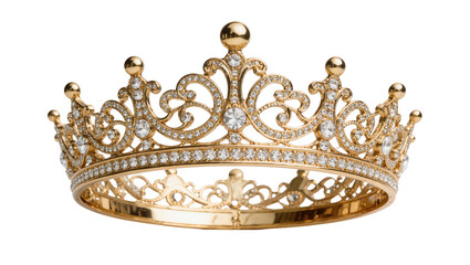 Ornate golden tiara with sparkling diamonds, isolated on transparent background © PNGera