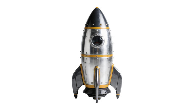 Retro silver rocket ship with black and yellow accents, isolated on transparent background