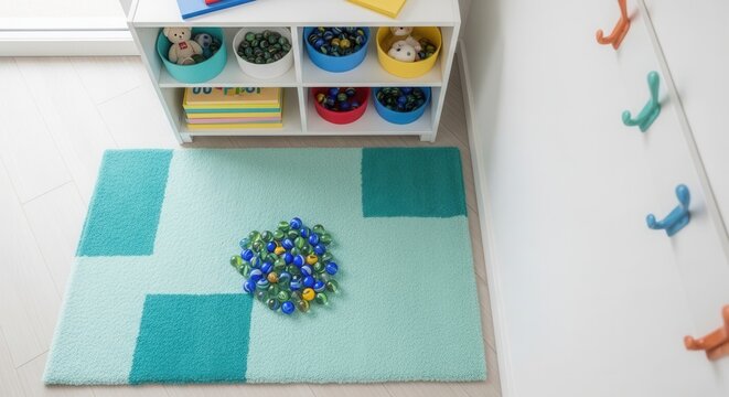 Bright Playroom Scene With Scattered Marbles And Storage Cubbies