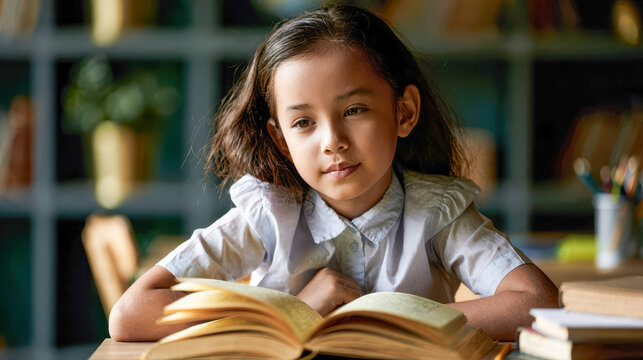 Child reads a book at school while sitting at a table during class time