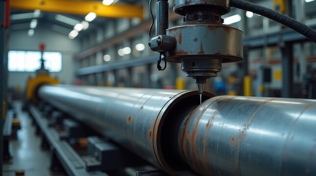 M&aacute;quina industrial automatizada de corte y biselado de tuber&iacute;as que prepara grandes tuber&iacute;as de acero