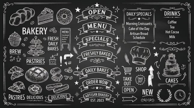 Vintage bakery chalkboard menu elements, hand drawn cafe signs and banners, rustic bread and pastry illustrations on black background